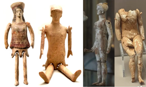 Figuras antiguas de terracota con miembros articulados
